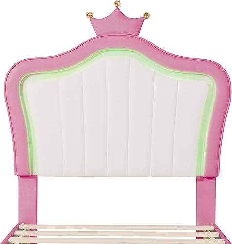 Miniatura 32 de Moderna base de cama de madera maciza de tamaño matrimonial para niños con cabecera en forma de corona, marco de cama tapizado de princesa con luces