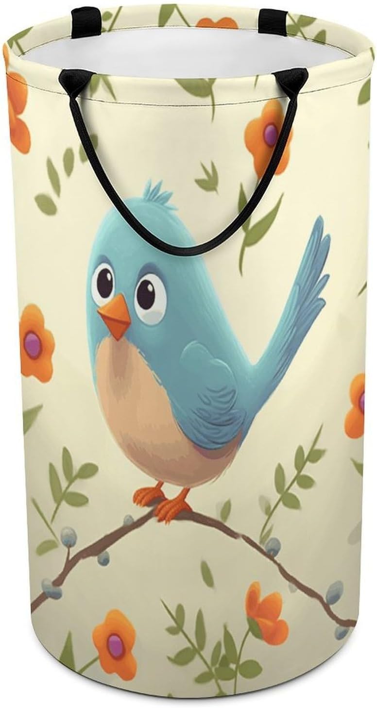 Cute Bird Laundry Hamper with Handles Waterproof Collapsible Laundry Basket Large Lightweight Round Dirty Clothes Hamper for Home Dorm Bathroom Decor