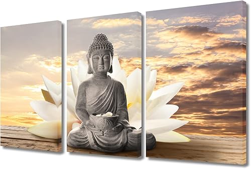 TUMOVO Imágenes de Buda para sala de estar, arte de pared de estatua zen, impresiones en lienzo para paredes del hogar, arte de pared de 3 piezas,