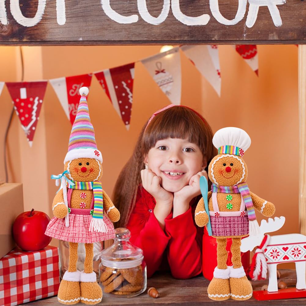 Katutude 2 figuras de peluche de Navidad, hombre de jengibre de pie con patas largas retráctiles, adornos de hombre de jengibre de Navidad, decoración de mesa de Navidad para niños y adultos