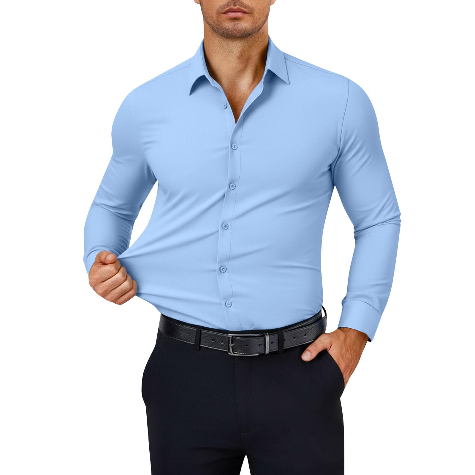 Mens Dress Shirts Stretch Muscle Fit Wrinkle Free Long Sleeve Button Down Shirts Casual Business Formal S-2XL