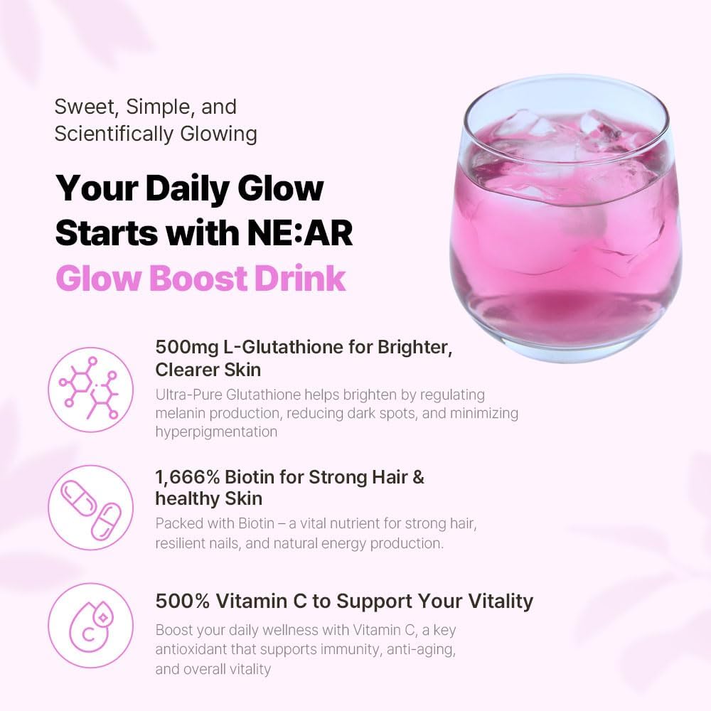 NE:AR Glow Boost Drink – 250mg Pure Glutathione + 500mg Vitamin C – Sugar-Free Beauty Powder for Skin Brightening & Hydration – Refreshing Flat Peach Flavor – Made in Korea