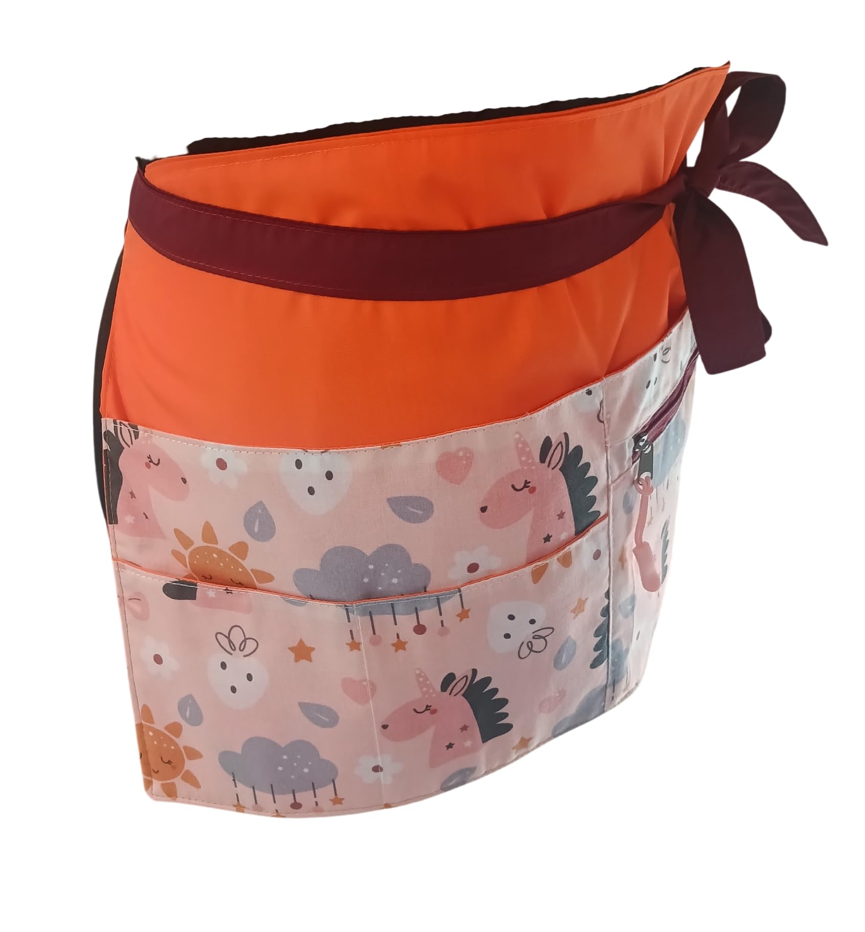 Genérico Galba® Delantal de Cintura para Maestra Unicornios Rosas | 7 Bolsillos + Cremallera | Cintas 87cm | 66x27cm | Algodón Lavable | Talla Única + Regalo incluido