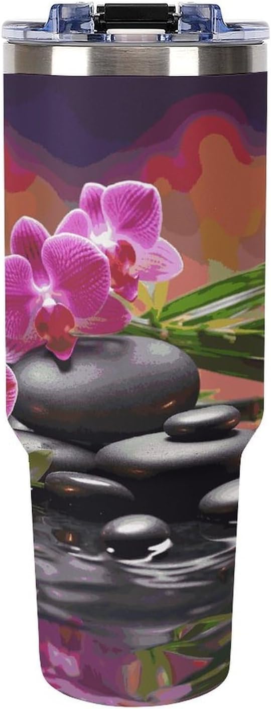 40 Oz Insulated Mug with Handle, Stainless Steel Flowers in Fountain Massage Stones And Bamboo Printed Travel Mug Portable Leak-proof Large Car Mug for Home, Office Or Car