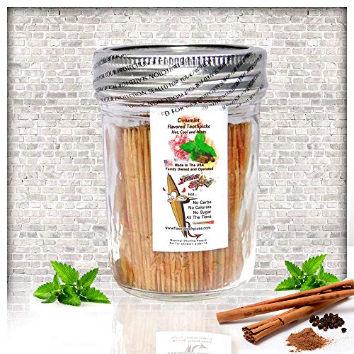 600 Cinnamint Flavor Natural Wooden Toothpicks in Glass Jar with Lid - Use to Quit Smoking and Freshen Breath After Food and Drink