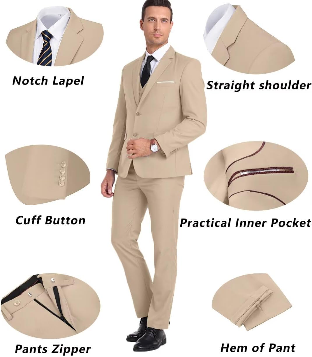 Mens Suit 3 Piece Set Slim Fit Wedding Groomsmen Suit for Men Two Buttons Suits Set Solid Jacket Vest Pants with Tie - Image 4