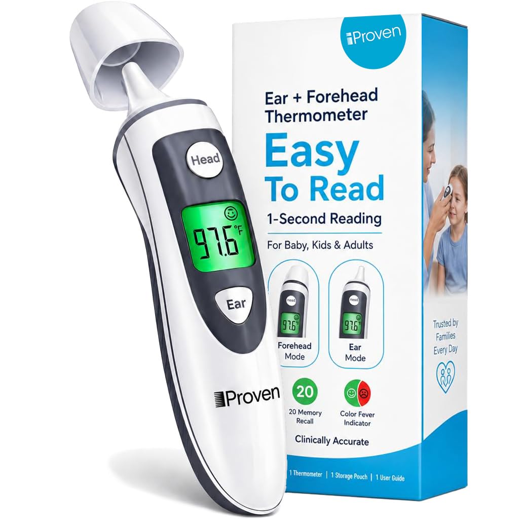 iProven Thermometer for Adults Forehead and Ear - Fever Alarm, 1 Second Reading, Color Temperature Indicator, 20 Readings Memory Recall, Medical Thermometer for Adults Kids and Babies - DMT-489