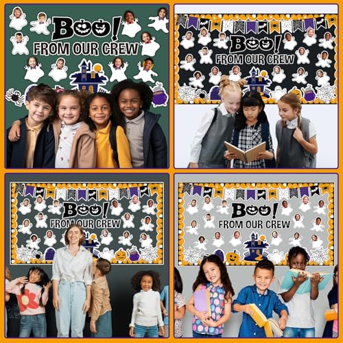 Image of Halloween Ghost Bulletin Board Set Classroom Decorations Pumpkin Castle Paper Cutouts BOO Ghost Pattern Spider Web DIY Photos Bulletin Board Halloween Party Back to School Nursery Classroom Wall Decor