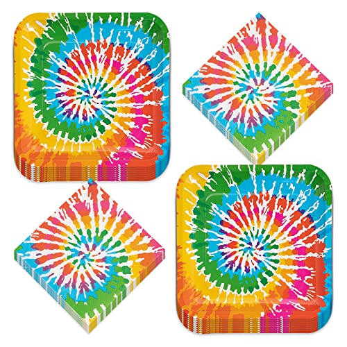 Bright Tie Dye Swirl Art Paper Dinner Plates And Napkins For Tie Dye Party & 60s Themes (Serves 16)