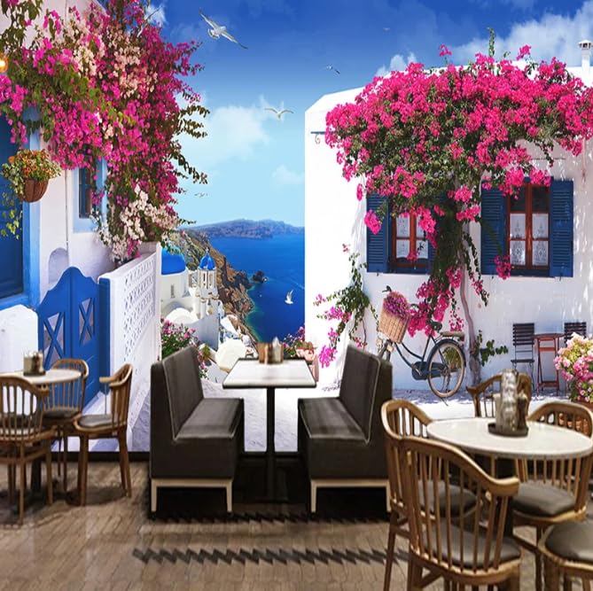 Papier peint panoramique mer Méditerranée rose pour fond de salle restaurant romantique