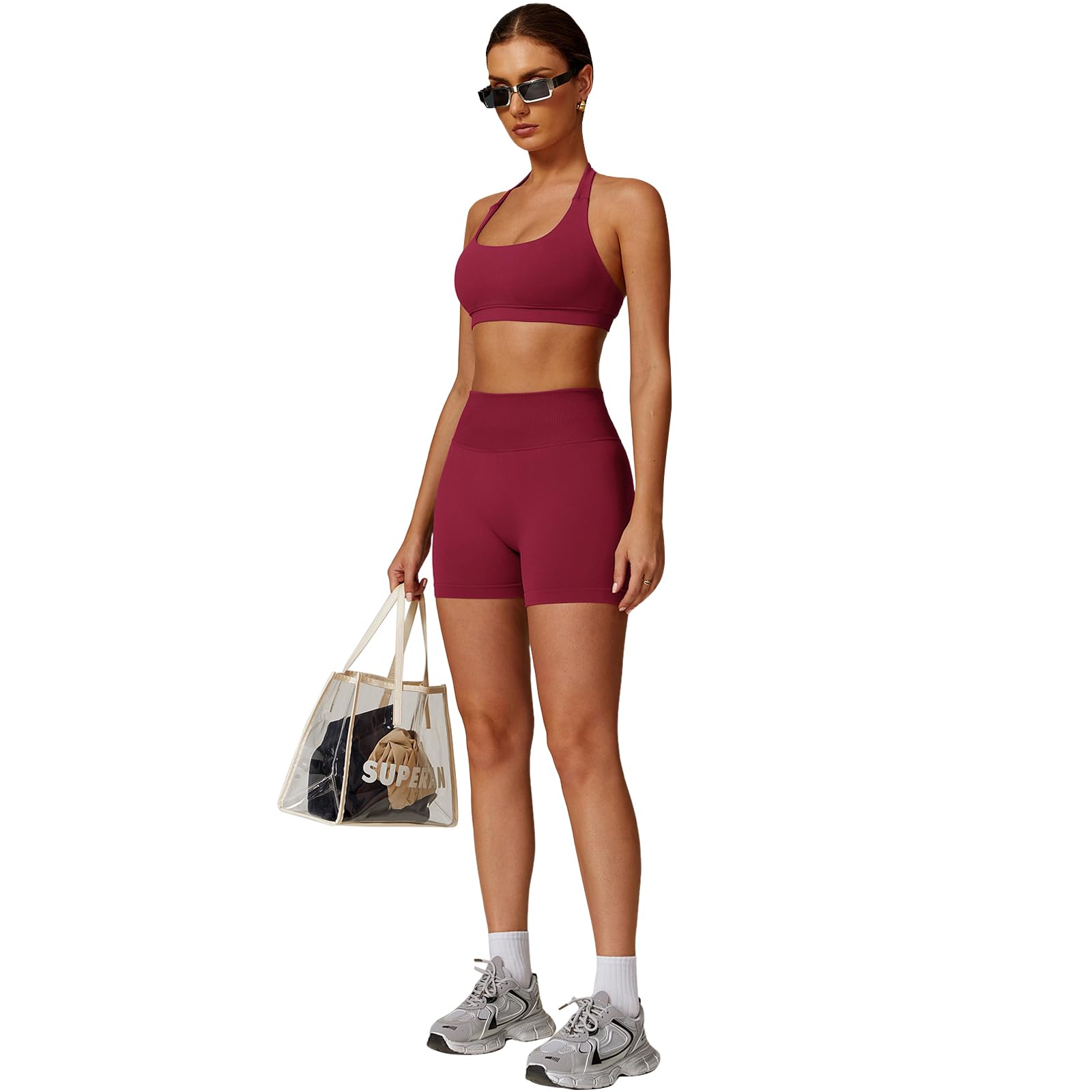 Set di allenamento senza cuciture per le donne 2 pezzi Halter Backless reggiseni sportivi nascosti pantaloncini elastici abiti da yoga tuta da palestra