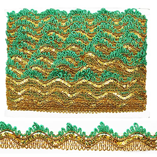 Tibaoffy Long 14 Yard Wide 35mm/1.37inch Green Gold with Gold Sequins lace Trim Decorated Gimp Trim Craft Ribbon for DIY Craft Sewing Fabric