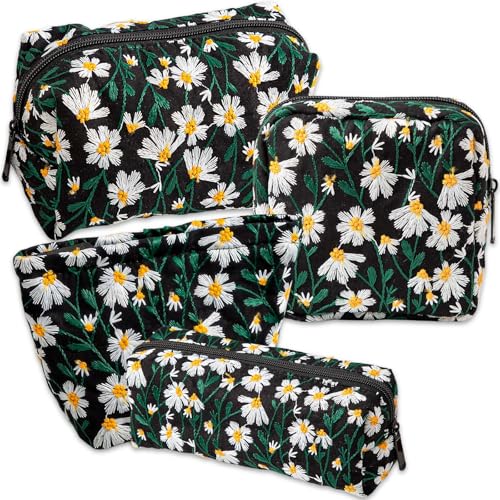 Neceser de Maquillaje en Algodón para Damas: 4 Bolsas de Viaje con Cremallera y Bordado de Margaritas, Guarda Brochas de Maquillaje y Artículos de Aseo (Ferroso)