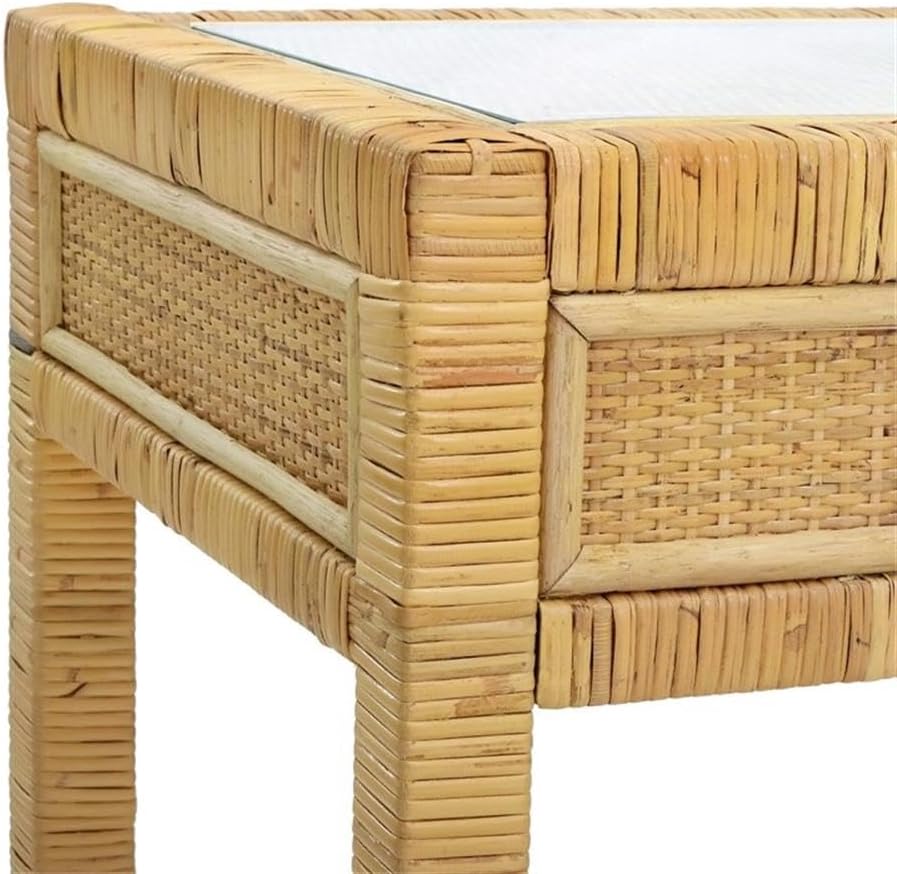 Pemberly Row Contemporary Rattan Glass Top Desk, Natural Finish, 47.2" W x 15.8" D x 31.1" H, Handmade, Mahogany Frame with 2 Soft-Close Drawers, Stylish Home Office Workspace Furniture