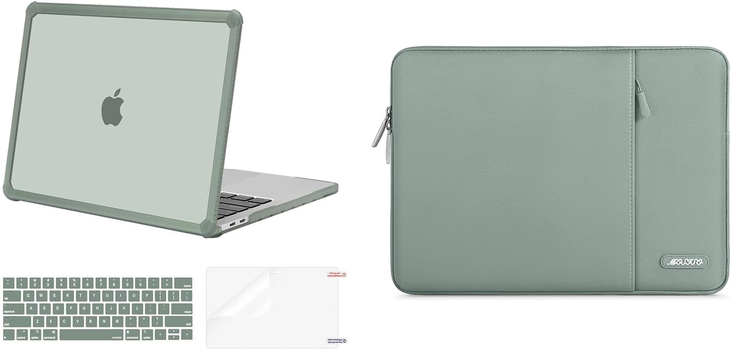 MOSISO Compatible with MacBook Pro 13 inch Case M2 2025-2016 A2338 M1 A2251 A2289 A2159 A1989 A1708 A1706, Heavy Duty Hard Case&Keyboard Skin&Screen Film&Polyester Bag,Emerald Green&Antique Green