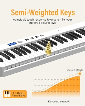 88-Key Folding Piano Keyboard, Full-Size Semi-Weighted Keys, Bluetooth MIDI, Sustain Pedal & Carry Bag, Portable Digital Piano, Ideal for Beginners Best Gift (White)