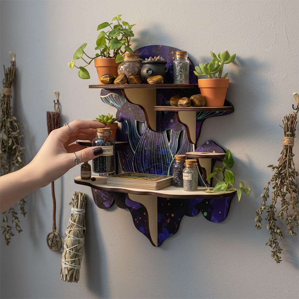 Crystal Display Shelf for Witchy Mushroom Decor, Gothic Altar Shelf for Crystals, Rocks, Gemstones & Essential Oils, 5 Compartment Wall Shelf & Spiritual Gifts