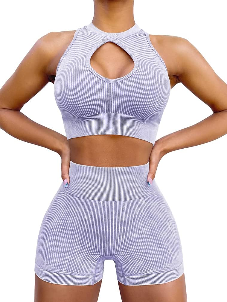 OQQ Workout Outfits for Women 2 Piece Ribbed Acid Wash High