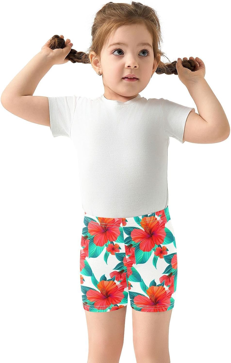 Hibiscus Leaf Floral White Girls Bike Shorts Toddler Soft Cotton Under Dress Dance Shorts