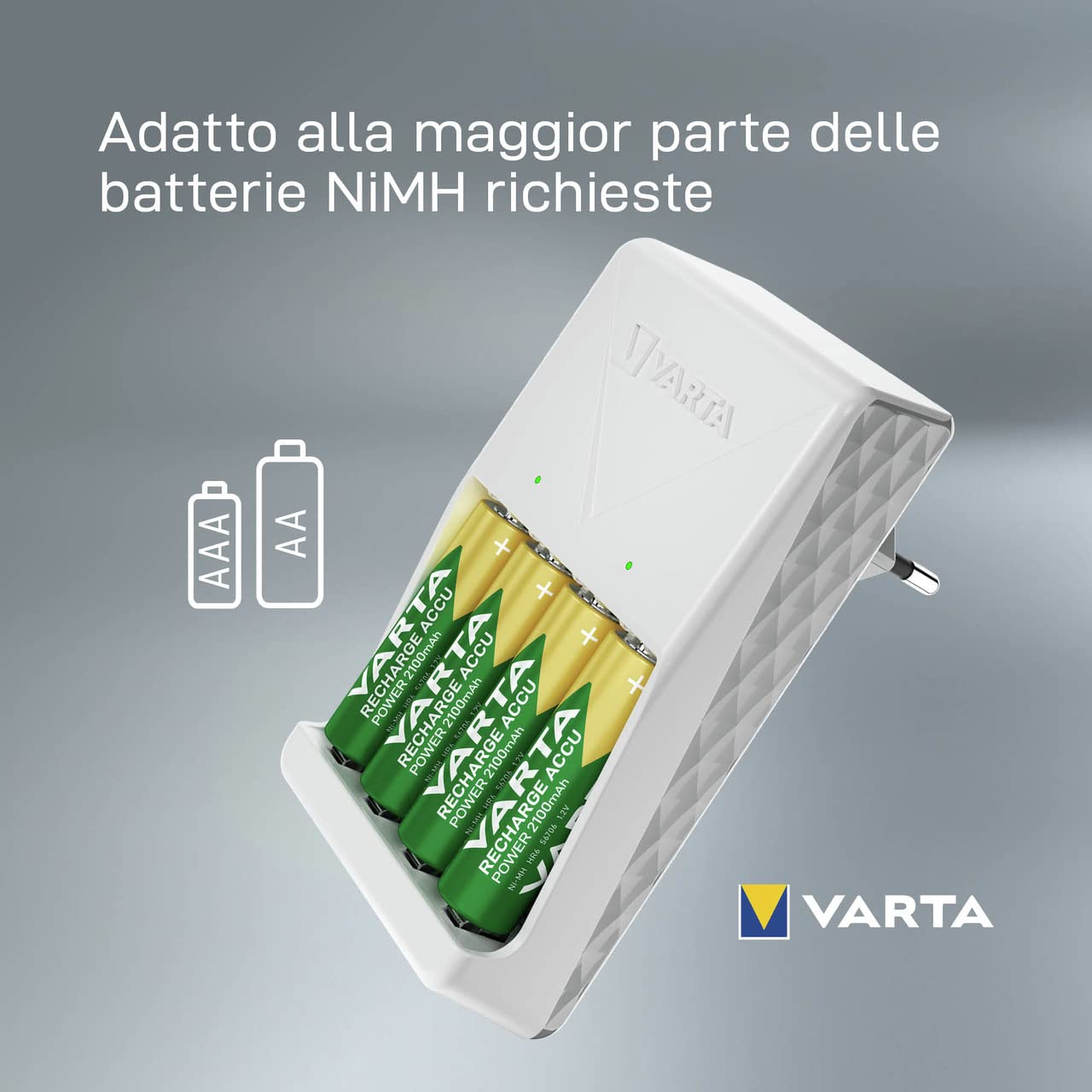 VARTA Caricabatterie, incl. 4X AA 2100mAh, caricatore per batterie ricaricabili, carica 2 o 4 AA/AAA contemporaneamente, Plug Charger