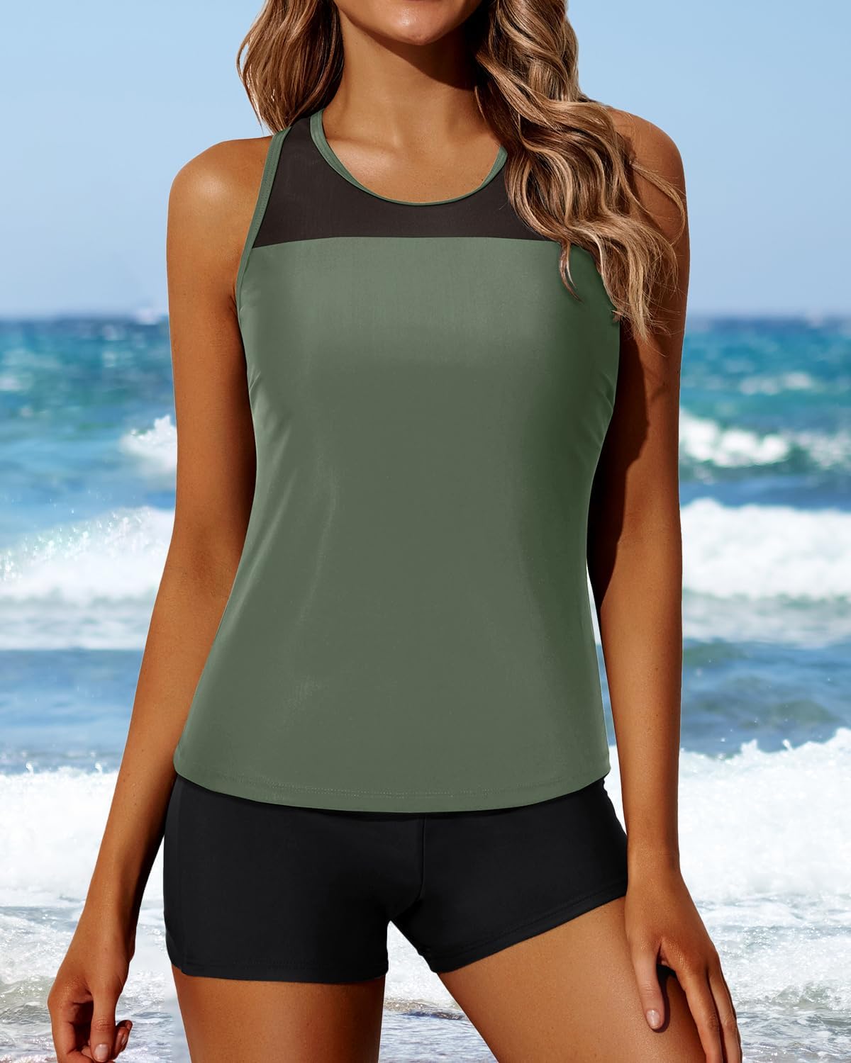Yonique Tankini Swimsuits for Women with Shorts Athletic Two Piece Bathing Suits Racerback Tank Tops Swimwear - Image 4