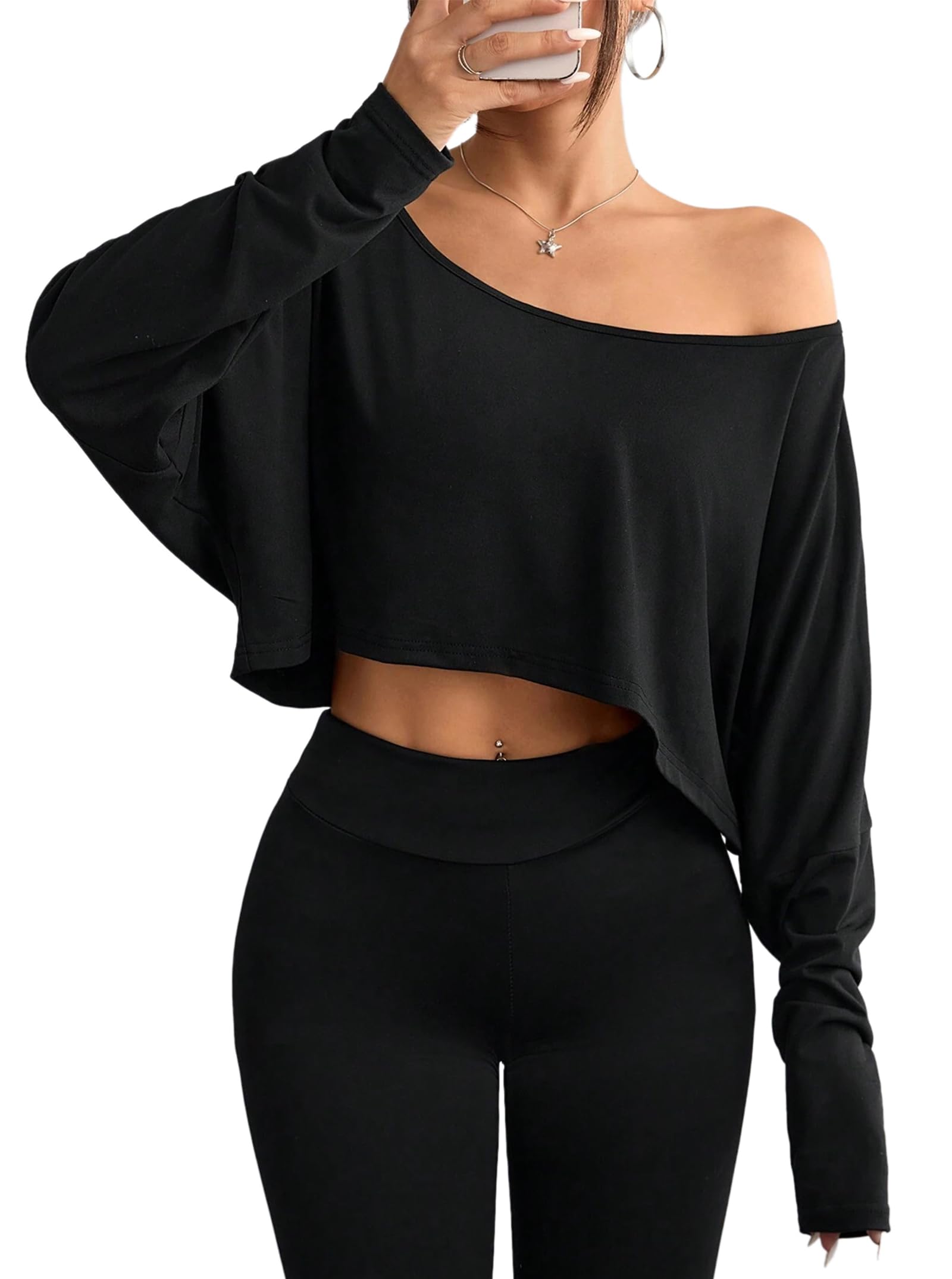 Photo 1 of Hilinker Women's Off Shoulder Long Sleeve Crop Tops Sexy Boat Neck Loose Casual T Shirt Black N Medium