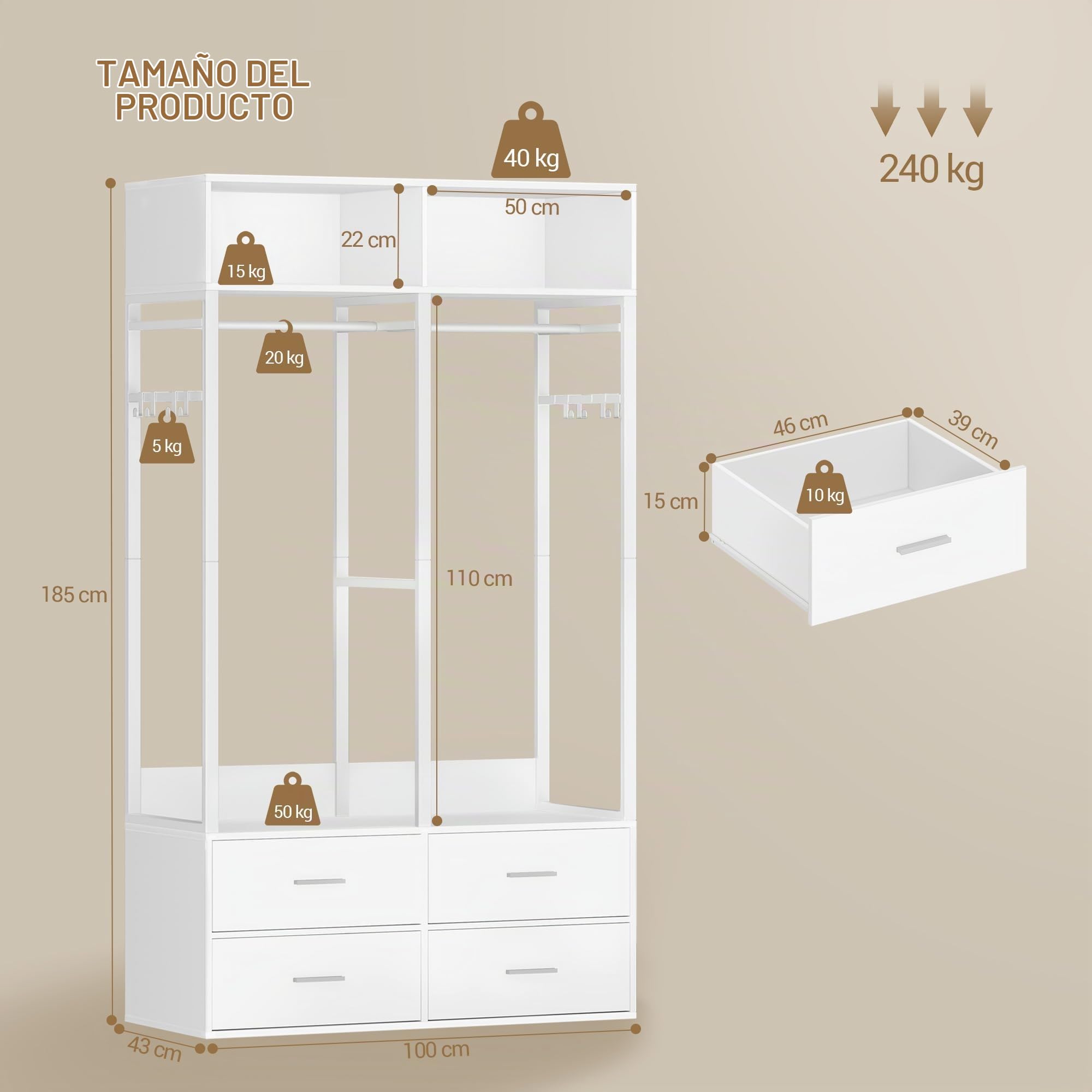 Hzuaneri Armario, Armarios Dormitorio con 4 cajones de Madera, Estante de Almacenamiento Superior, Construcción de Hierro y Madera, Adecuado para Walk-in Closet, 43 x 100 x 185 cm, Blanco BW06603W
