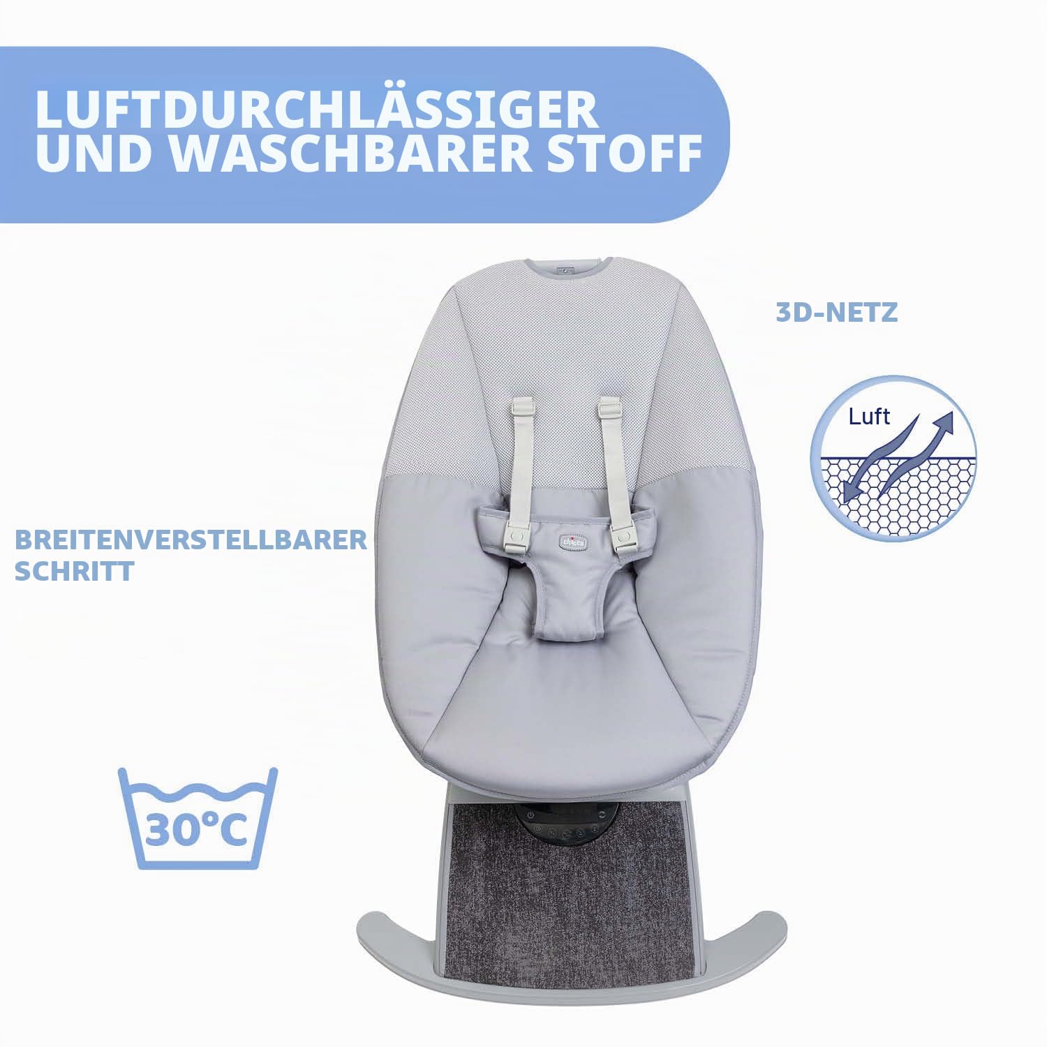 Chicco Comfy Wave, Elektronische Babywippe, Babyschaukel, mit Bewegungen und Melodien, verstellbare Rückenlehne, atmungsaktiver und abnehmbarer Stoff, Spielleiste, 0 Monate