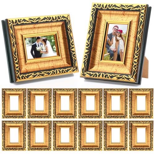 Image of 12 Pcs 2 x 3 Inch Black Gold Small Picture Frames Bulk Mini Vintage Antique Ornate Retro Baroque Photo Frames with Backboard for Wall Hanging Tabletop Home Decor Wedding Christmas Display