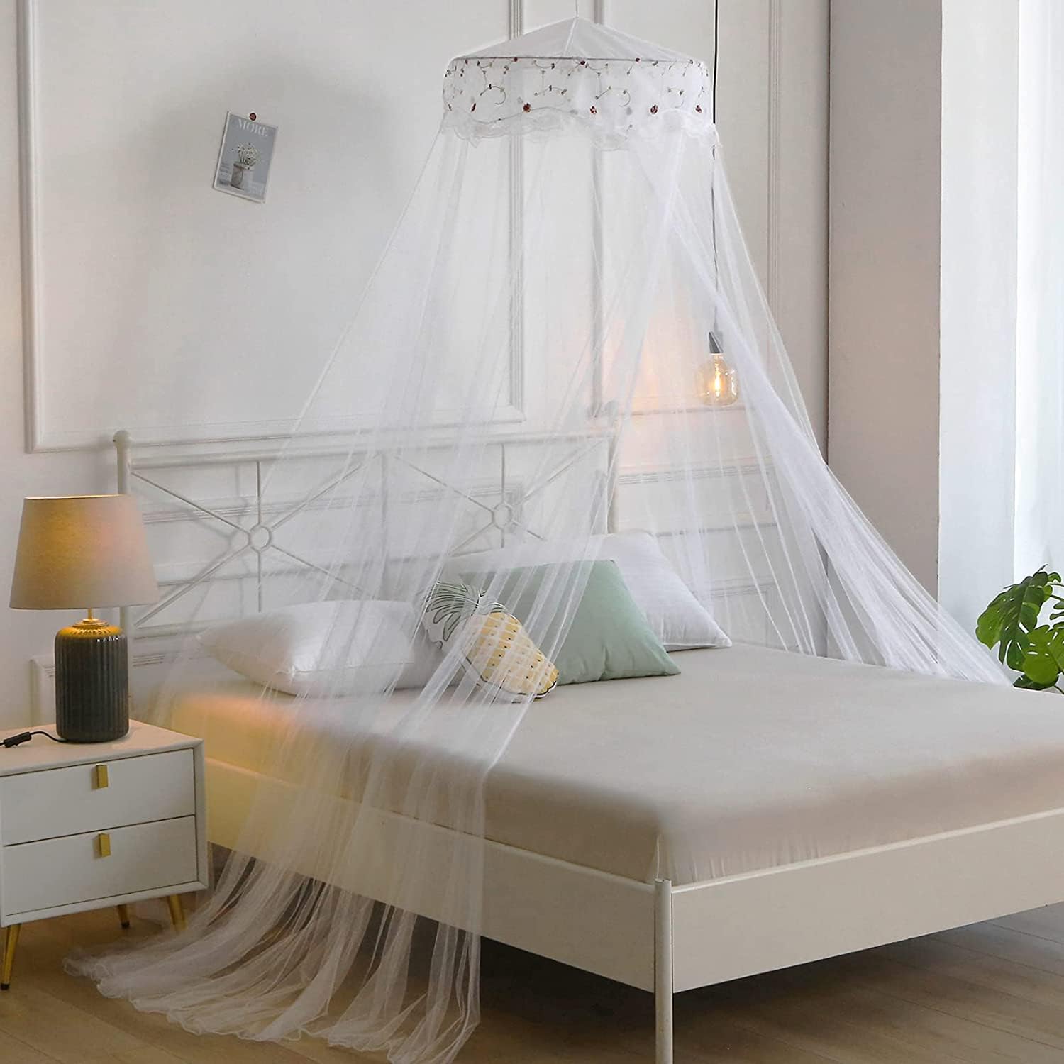 Zanzariera da letto per ragazze SZHTFX a cupola grande da appendere con rete rotonda in pizzo senza punzonatura, per letto singolo a king size, ideale per camera da letto decorativo
