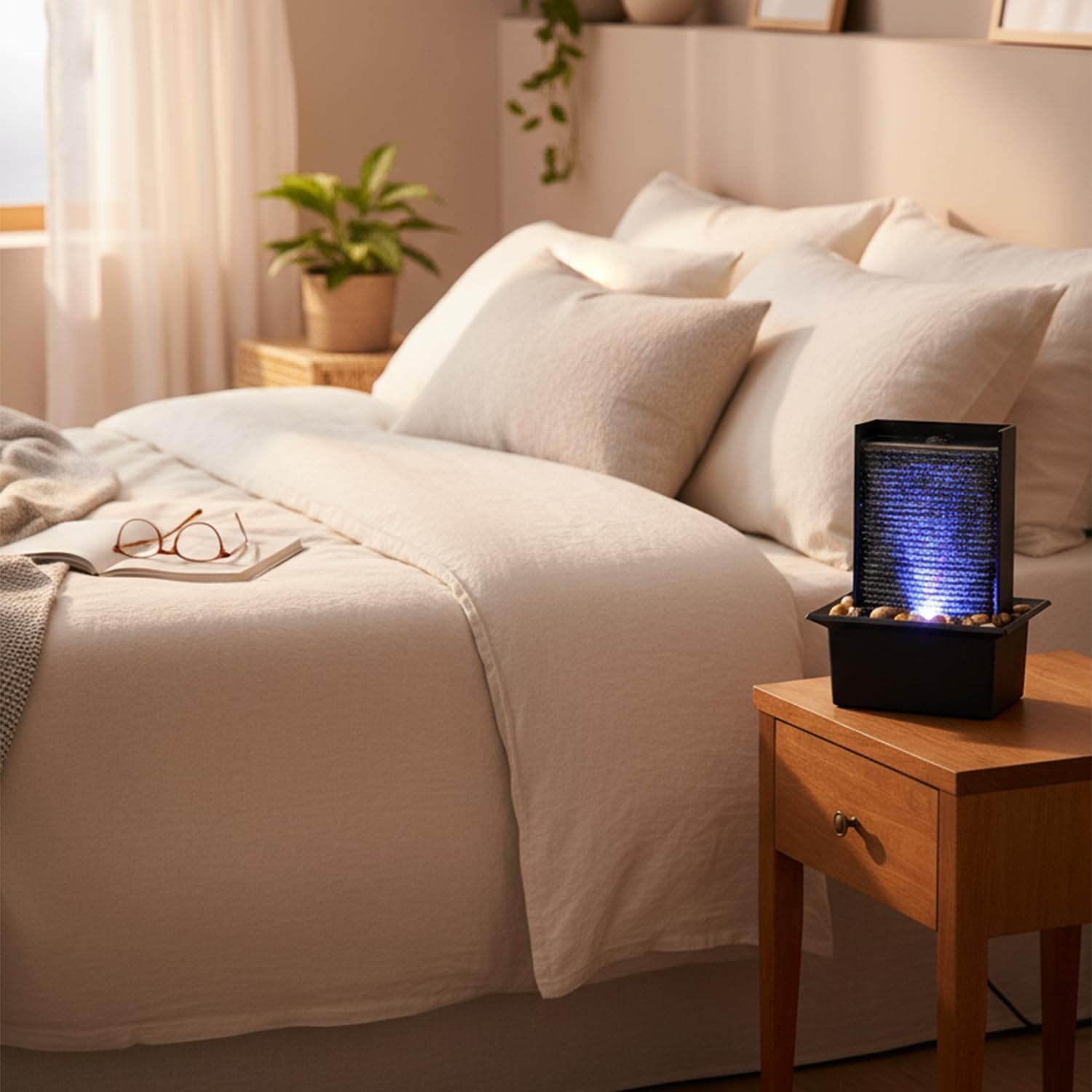 Small Indoor Relaxation Tabletop Fountain, Zen Meditation Waterfall Feature with Color LED Light & Natural Rocks, 4 Level Desk Waterfall for Home Office Bedroom Living Room Decoration (Style 2)