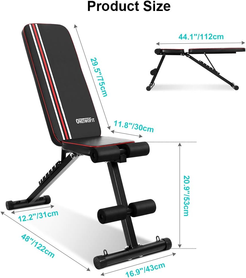 Dimensions of the ONETWOFIT Adjustable Weight Bench.
