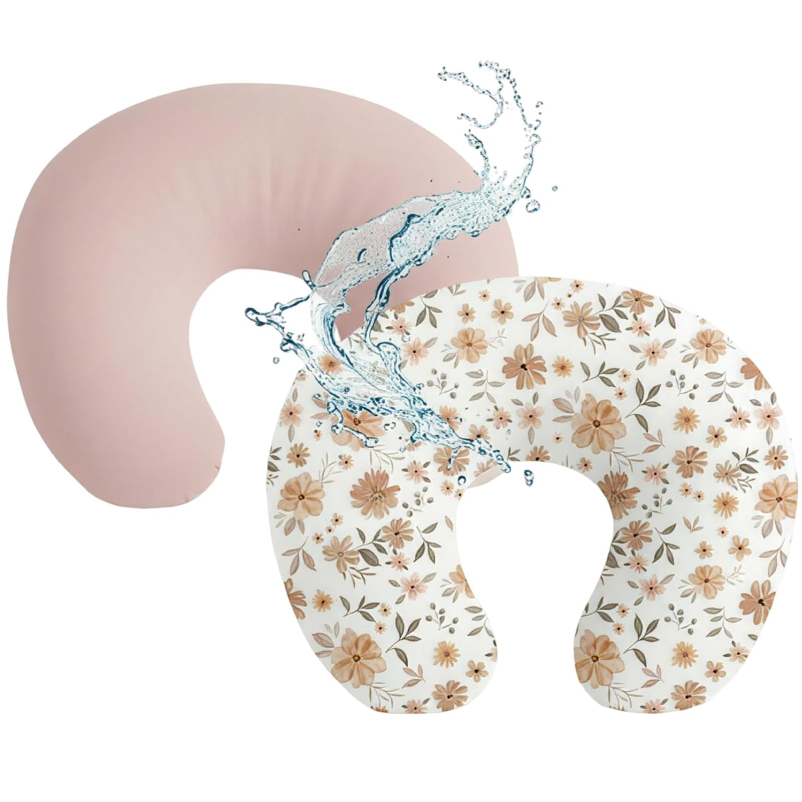 Baby Waterproof Nursing Pillow Cover, Stretchy Nursing Covers for Breastfeeding Pillows, Adorable Infant Feeding Pillow Slipcover for Baby Boy and Girls (Lotus Root Powder + Brown Flowers ﻿)