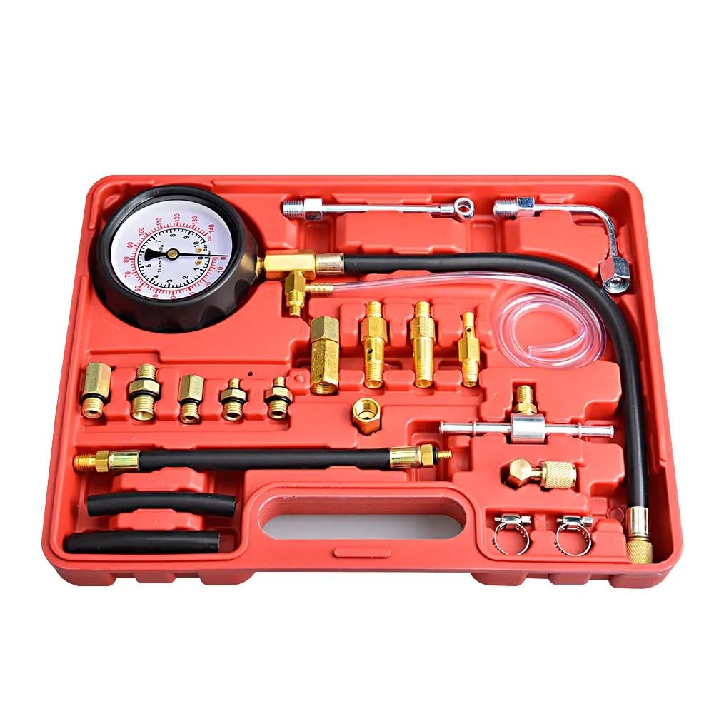 Car 0~10Bar Replaceable Compression Fuel Injection Pressure Gauge Diagnostic Tester Tools Kit With Valve & Drain Hose 0-140psi