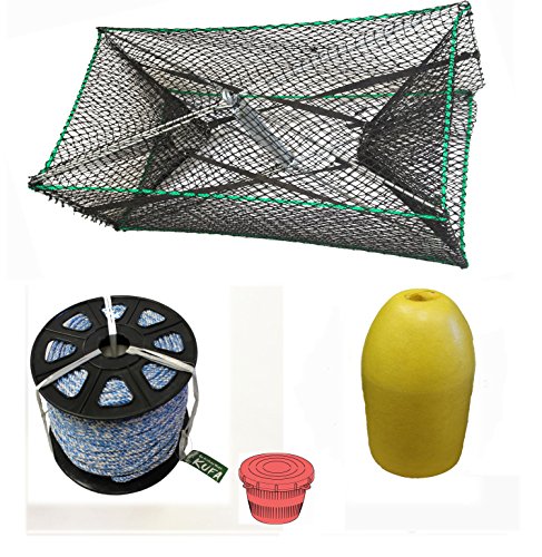 KUFA Galvanized Steel Foldable Prawn Trap with 400' Rope, Yellow Float and Vented Bait Jar Combo (S32+SL4+HB5+F13Y)