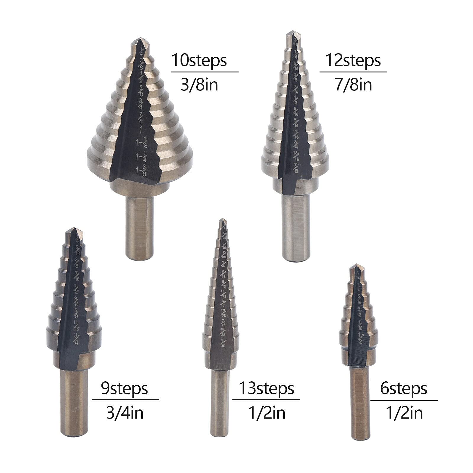 Juego de 5 brocas escalonadas HSS de cobalto profesional para acero inoxidable, metal, madera y plástico.