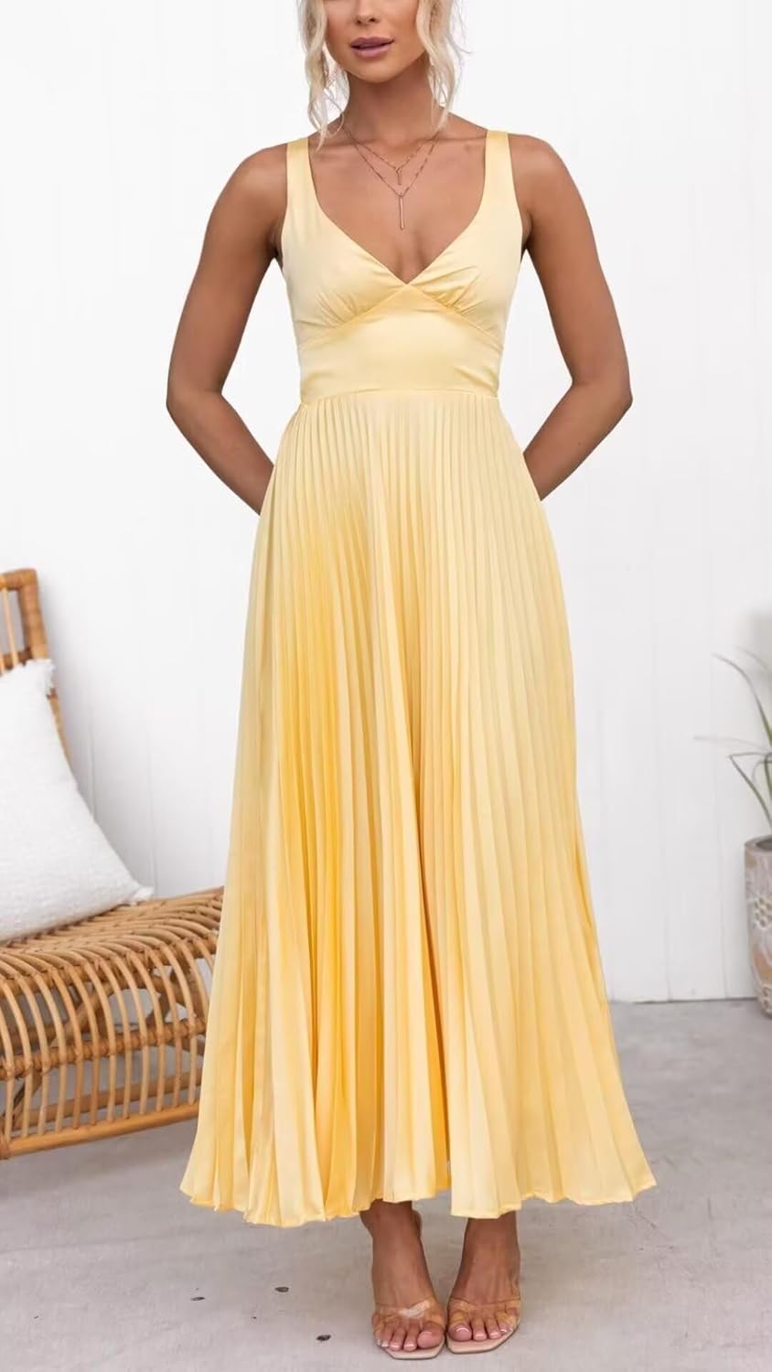 Pleated Satin Bridesmaid Dress V-Neck Formal Party Dresses for Women GR009 - Image 2