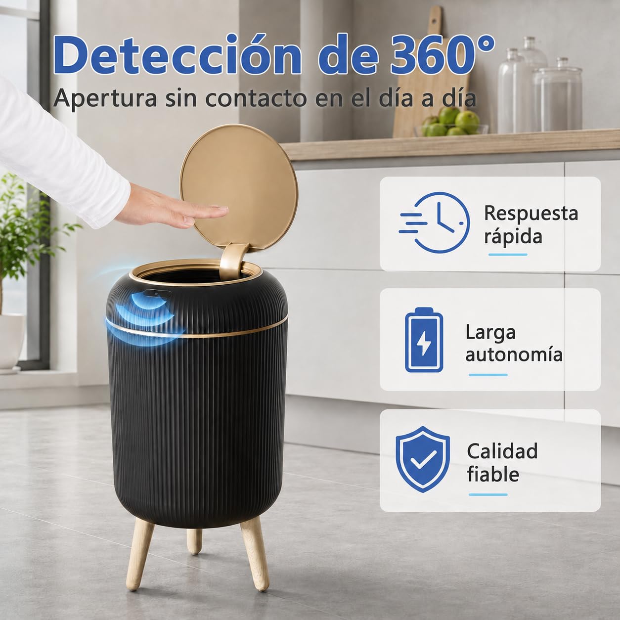 Papelera Automática 10L con Sensor para Baño, Blanca - Cubo Basura Inteligente con Diseño Redondo Elegante, Patas de Madera y Apertura Sin Contacto para Salón (10L Schwarz)
