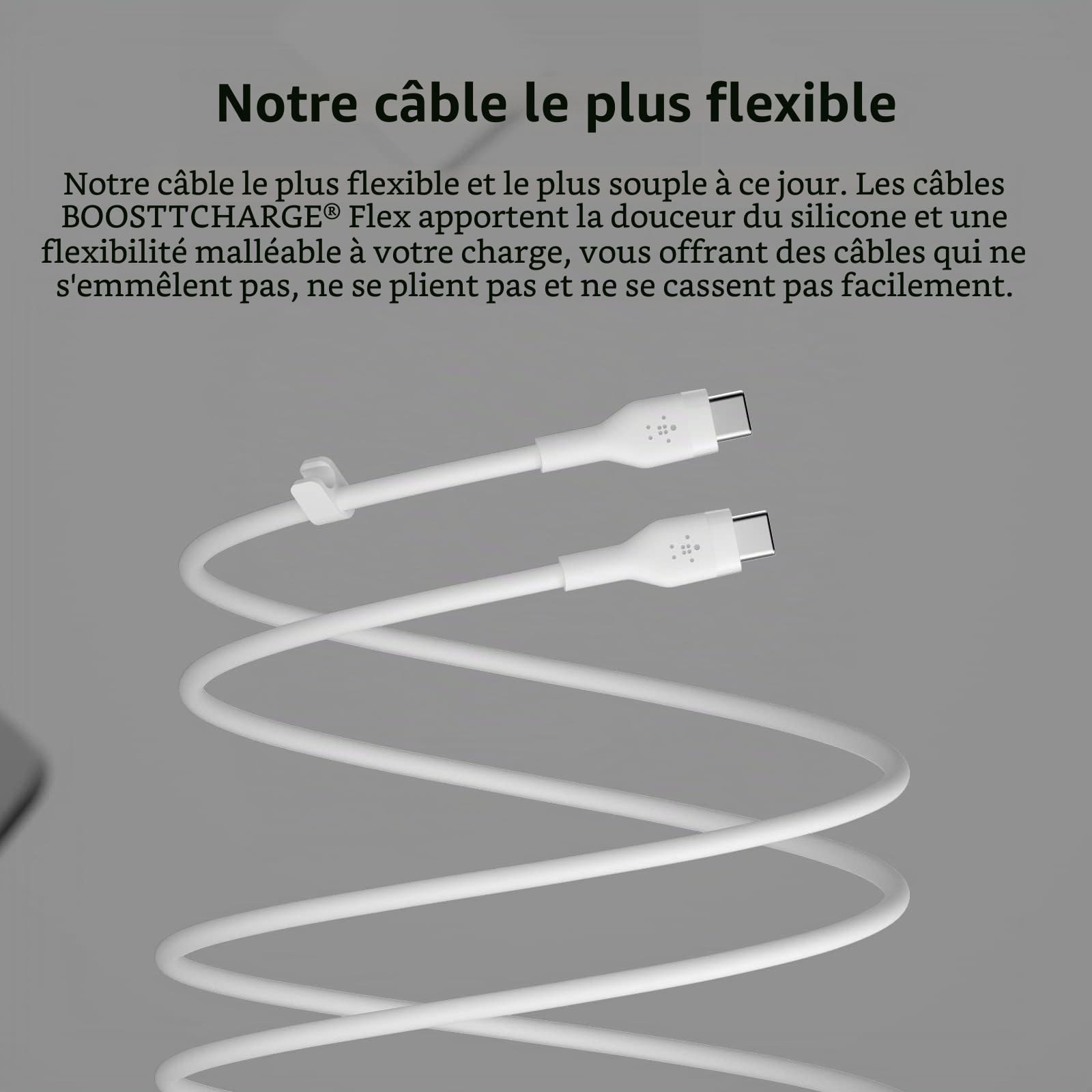 Belkin BoostCharge Flex câble USB-C vers USB-C en silicone, certifié USB-IF, recharge Power Delivery, câble USB C pour iPhone 16, iPhone 15, MacBook, iPad Pro, Galaxy S24, Google Pixel, 3 m, blanc