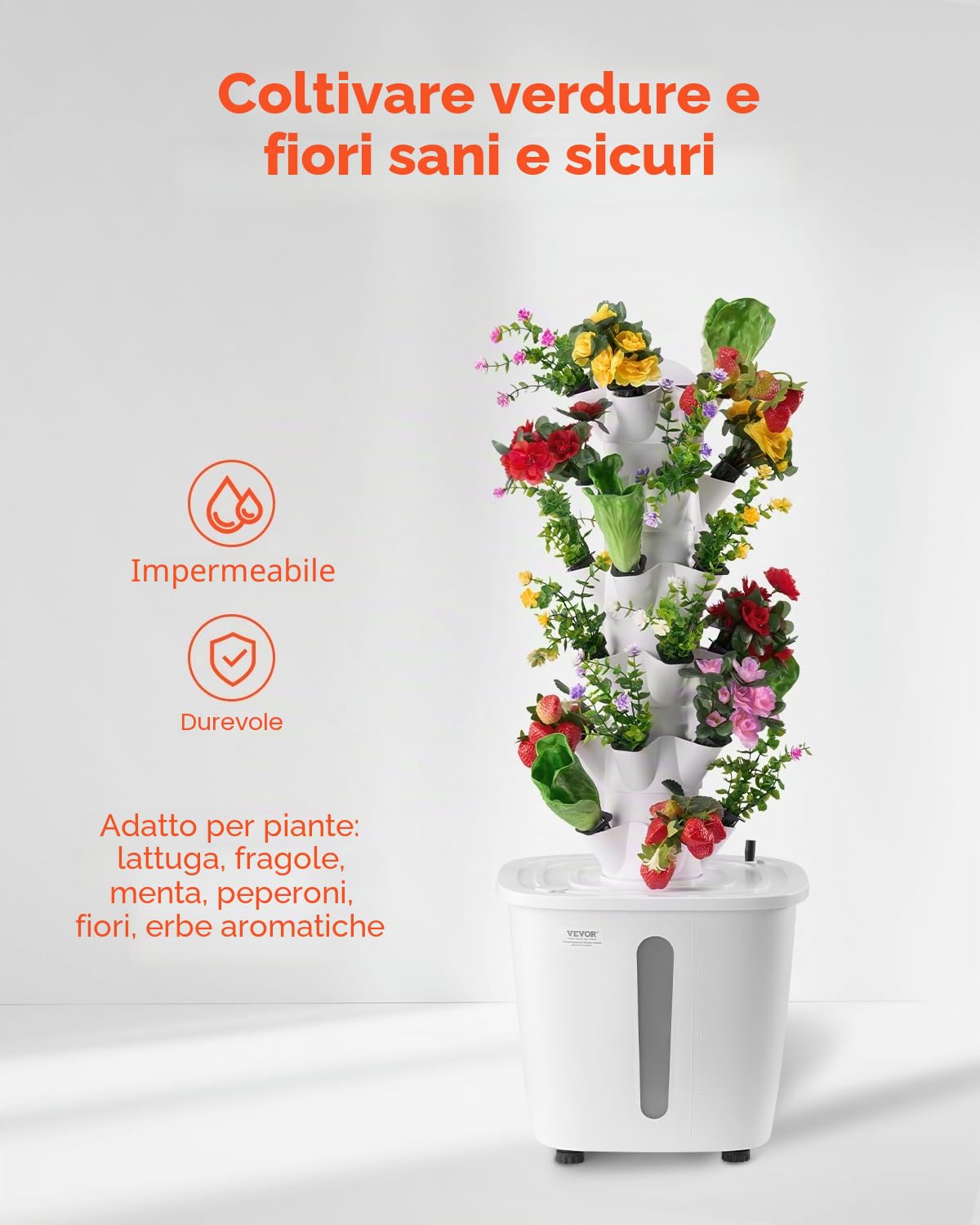 VEVOR Sistema di Coltivazione Idroponica, 30 Baccelli Verticali a 6 Livelli, Torre Idroponica Mobile con Pompa dell'Acqua e Timer, Germinazione Interno, per Erbe Aromatiche Frutta Verdura