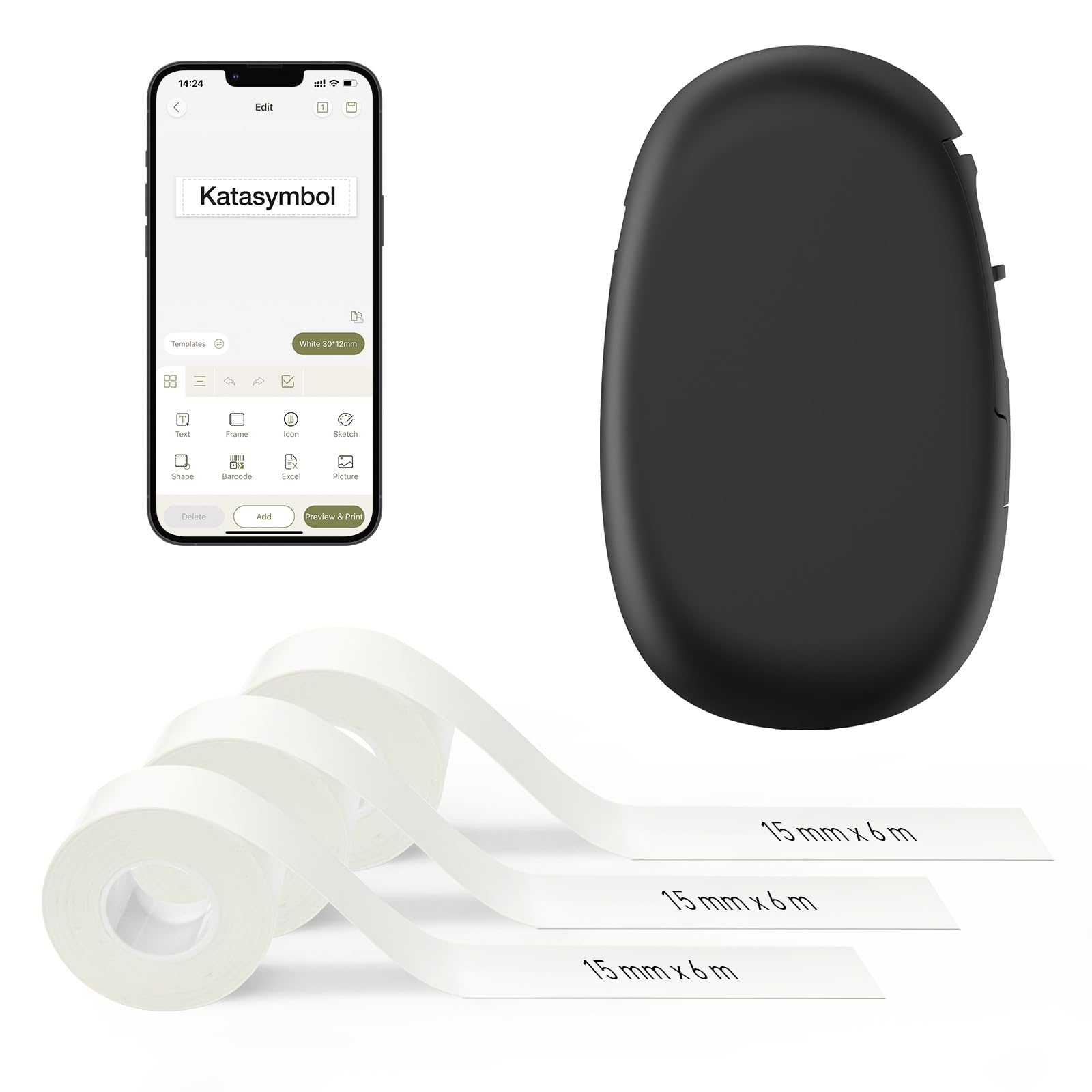 SUPVAN E10 Etikettendrucker Value Pack inkl. 3 Rollen wasserfeste Endlos-Etiketten (15 mm × 6 m/Rolle), schwarz