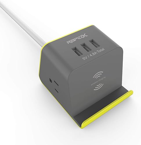 MyDesktop - Soporte de carga inalámbrico de 29 W con 3 puertos USB y 2 tomas de corriente para iPhone, Android, tabletas y portátiles, color amarillo