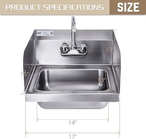 Miniatura 3 de HALLY Stainless Steel Sink for Washing with Faucet and Side Splash, NSF Commercial Wall Mount Hand Basin for Restaurant, Kitchen and Home, 17 x 15