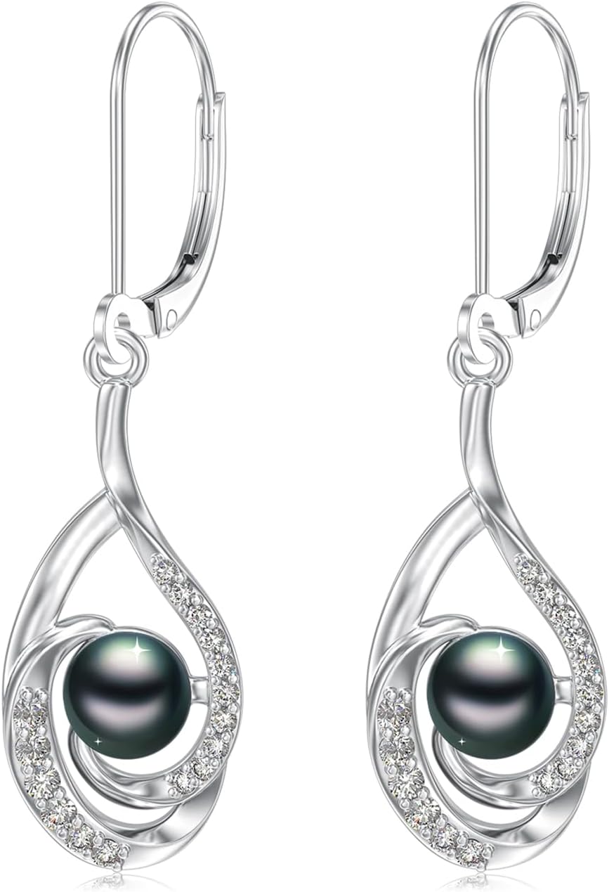 Tahitian Black Pearl Earrings Gifts for Women Wife Celtic Dangle Drop Earrings Wedding Birthday Anniversary Jewelry Valentines Christmas Day Gifts 925 Sterling Silver