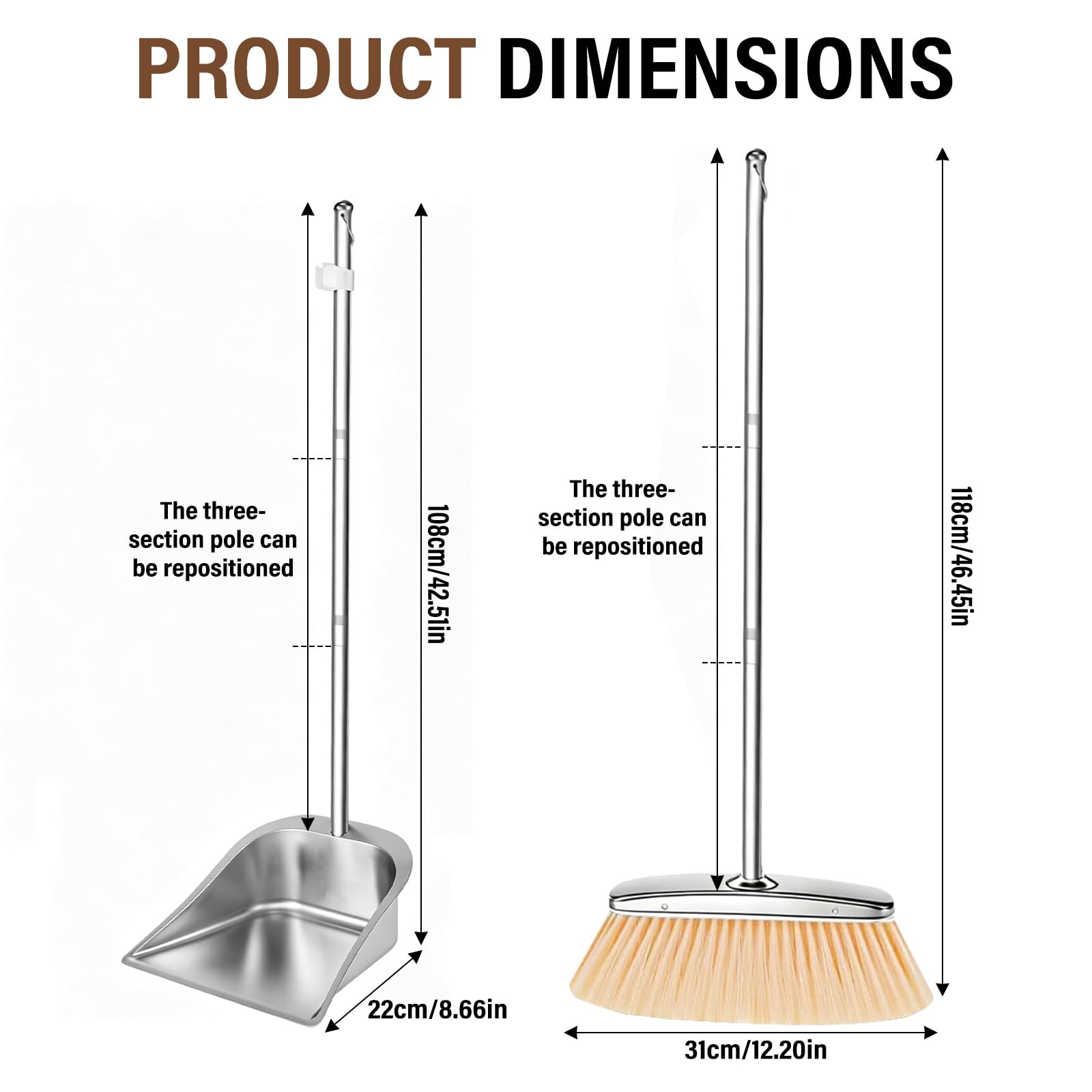 Juego de escoba y recogedor con mango largo (118 cm), pala y escoba de acero inoxidable, ajustable y altamente eficiente para interior/exterior, oficina, porche