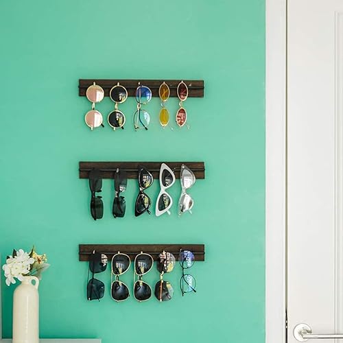 Miniatura 4 de TANG SONG 3 piezas rústicas de madera montadas en la pared, organizador de almacenamiento de lentes de sol, soporte para gafas, estante de