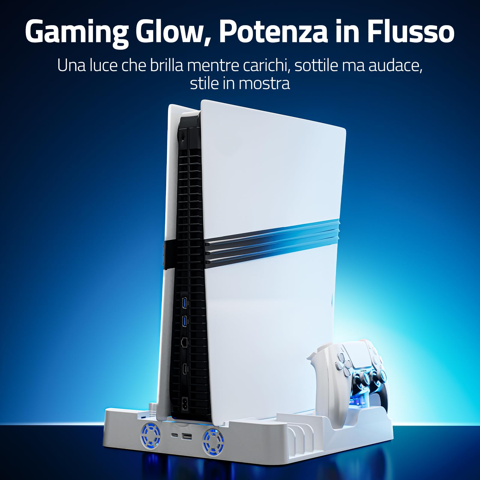 Supporto di raffreddamento PALPOW compatibile con PS5 Pro/Slim/PlayStation 5, disco e caricabatterie digitale per accessori PS5 - Ventola a 3 velocità, illuminazione LED - Bianco