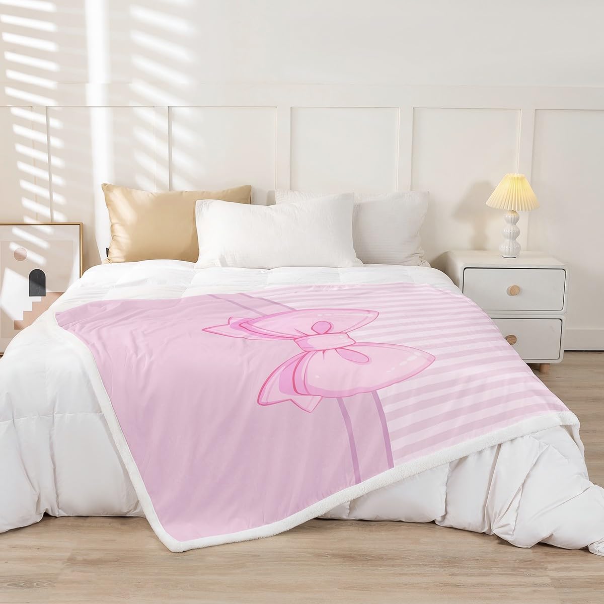 Cartoon Bow Fleece Blanket,Kawaii Princess Bowknot Fairy Tale Bed Blanket for Kids Teens,Geometric Pink Stripes Patchwork Romantic Flannel Blanket for Room Decor,Queen 90"x90"
