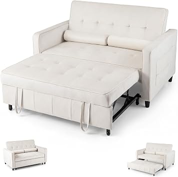 COSTWAY 2-Seater Convertible Pull Out Sofa Bed, Velvet Click Clack Sofa Bed Settee with Adjustable Backrest & Pillows, Upholstered Double Reclining Sleeper Lounge Couch for Living Room Bedroom Beige