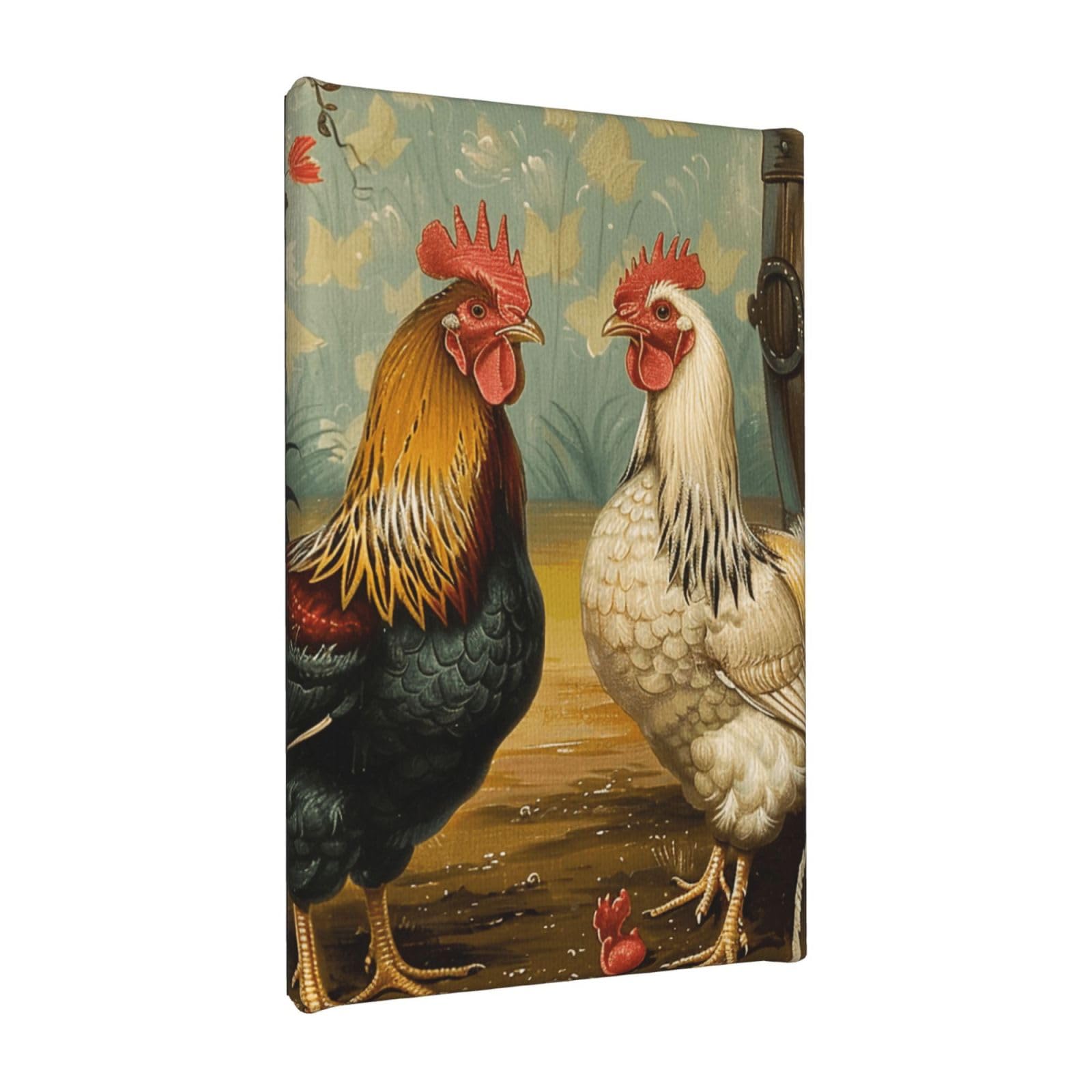 YKLJG Chicken And Rooster Print Printed Wall Art Canvas Painting 20x30 CM Wooden Framed Picture Painting Artwork Prints for Bedroom Kitchen Home Office Decor
